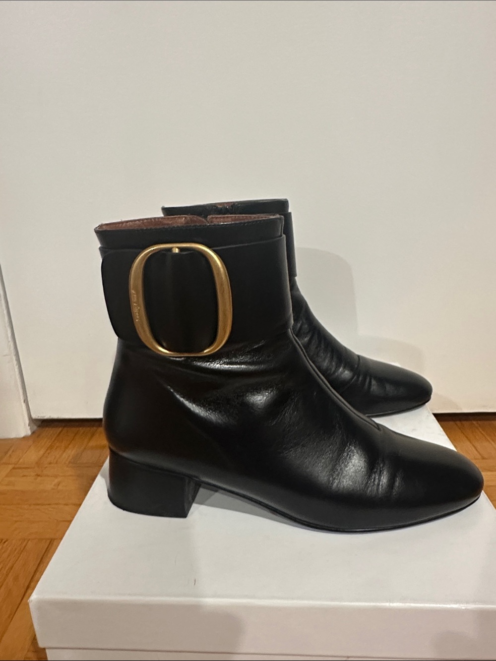 See By Chloe Black Leather Ankle Boots with Brass Ring Detail